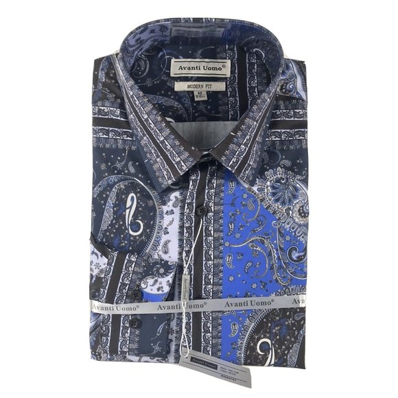 Avanti Uomo Men's Shirt Blue Navy Black Gray Casual Button-Down Modern Fit - Picture 1 of 6